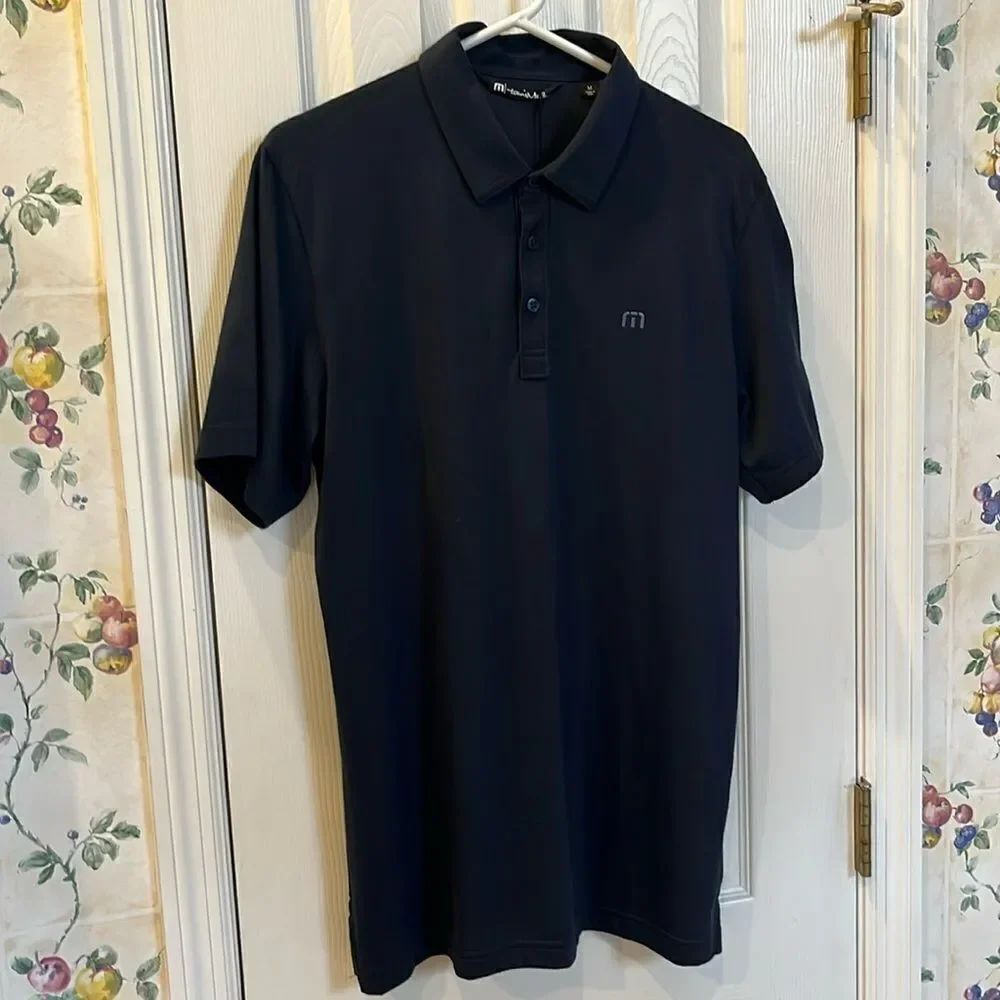 Travis Matthew Navy Blue Tiny Striped Short Sleeve Polo with Side Slits- Medium